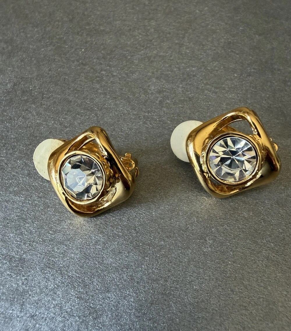 YSL Vintage Crystal Clip-On Earrings Gold Tone Statement Designer Jewelry